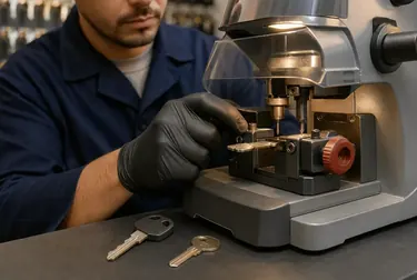 Chaveiro confeccionando cópias de chaves com uma máquina de corte.