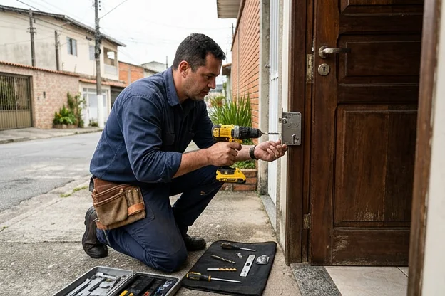 Chaveiro instalando uma trava de segurança em uma porta.