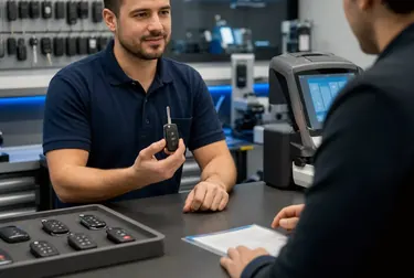 Chaveiro trabalhando em uma máquina para confeccionar chave codificada.