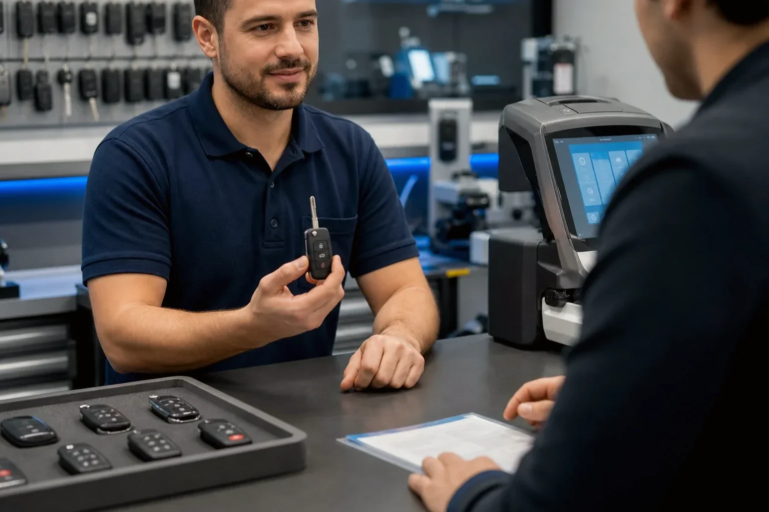 Chaveiro trabalhando em uma máquina para confeccionar chave codificada.