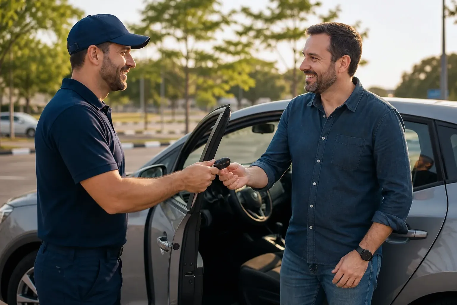 Profissional de chaveiro abrindo um carro com ferramentas específicas.