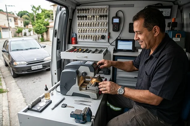 Profissional de chaveiro realizando serviços com equipamentos.